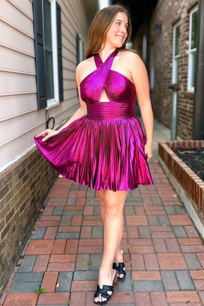 Metallic Fuchsia Halter Keyhole Pleated Short Homecoming Dress