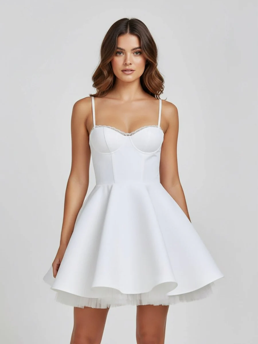 White Spaghetti Strap Satin A-Line Homecoming Dress with Lace