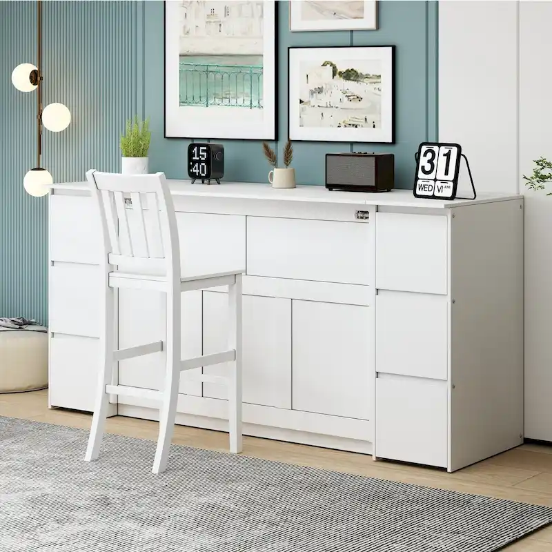Cabinet Murphy Bed with Drawers, Cabinets & Stools – White / Grey, Twin / Full, Sleeps 1–2