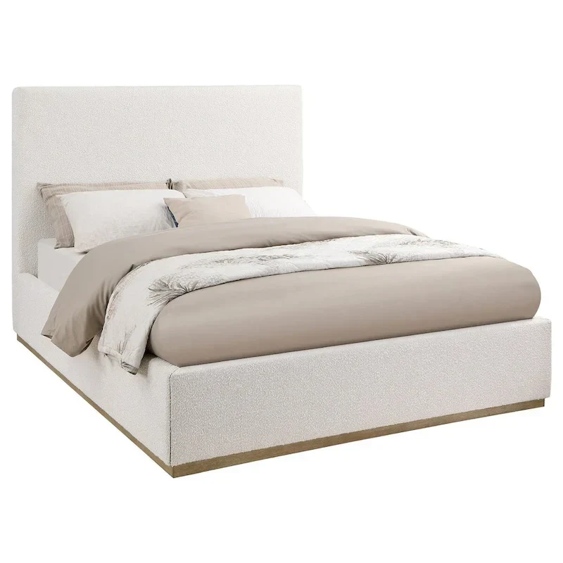 King Size Bed, Upholstered Panel Headboard, Gold Plinth Base, Ivory