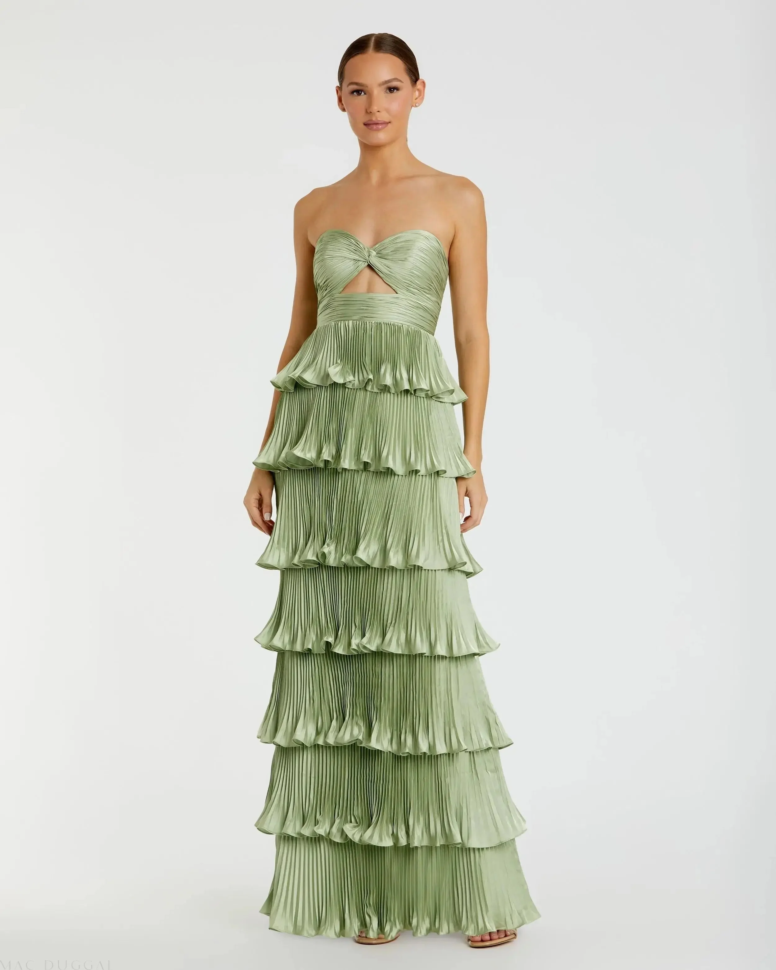 Pleated Charmeuse Strapless Tiered Ruffle Gown