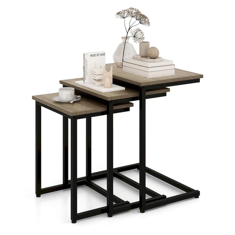 Grey 3-Piece Nesting C-Shaped End Table Set, Stackable