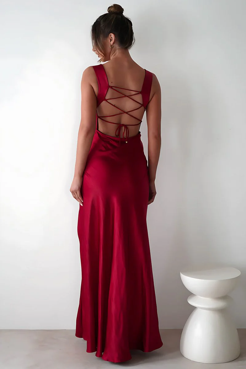 Red A-Line Square Neck Satin Long Prom Dresses with Slit