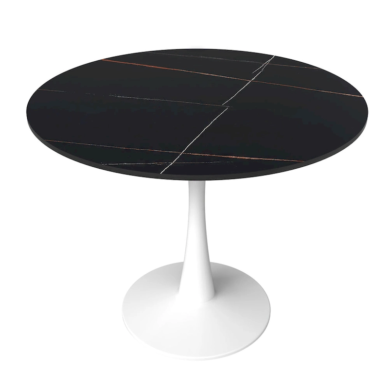 Bristol Round Dining Table for 4, 35  Sintered Stone Tabletop with White Stainless Steel Pedestal Base