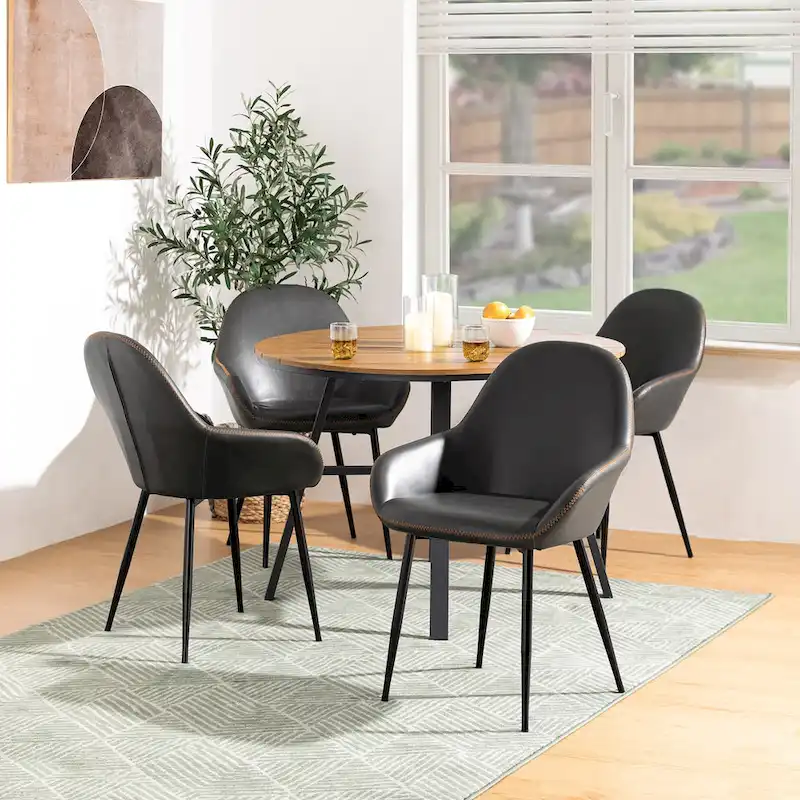 Glitzhome Set of 4 Mid-Century Leatherette Stitched Dining Accent Armchairs