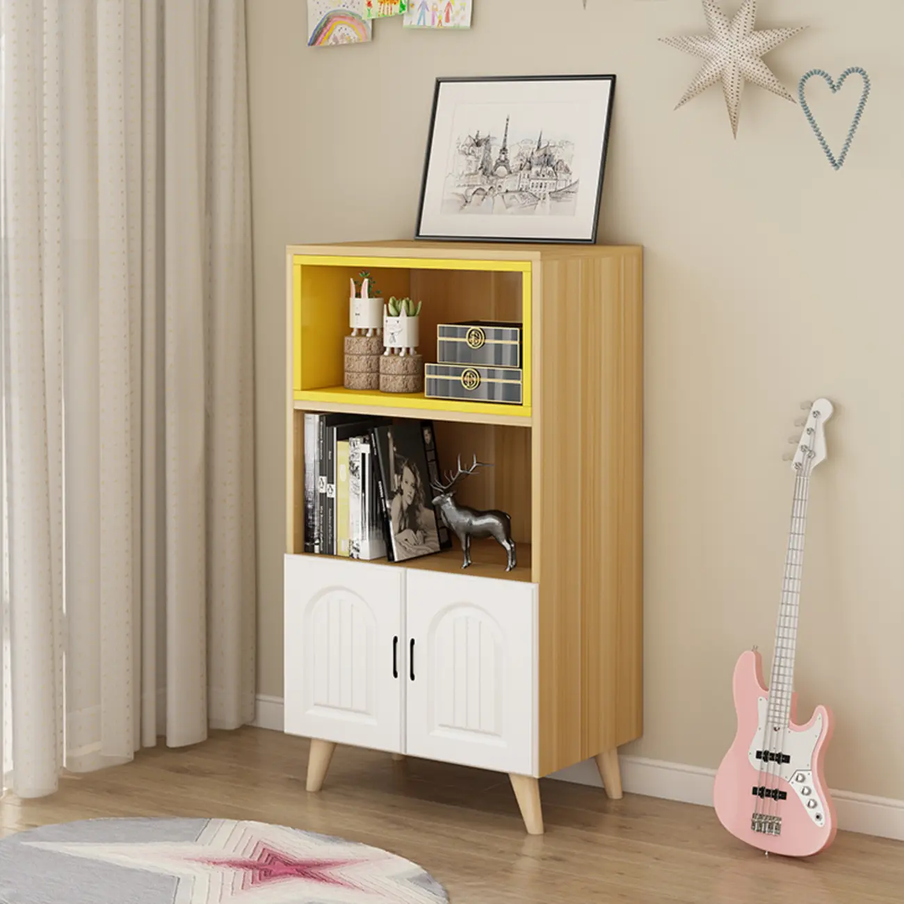 Wood 3-Tier White and Yellow Cube Bookcase with Cabinet