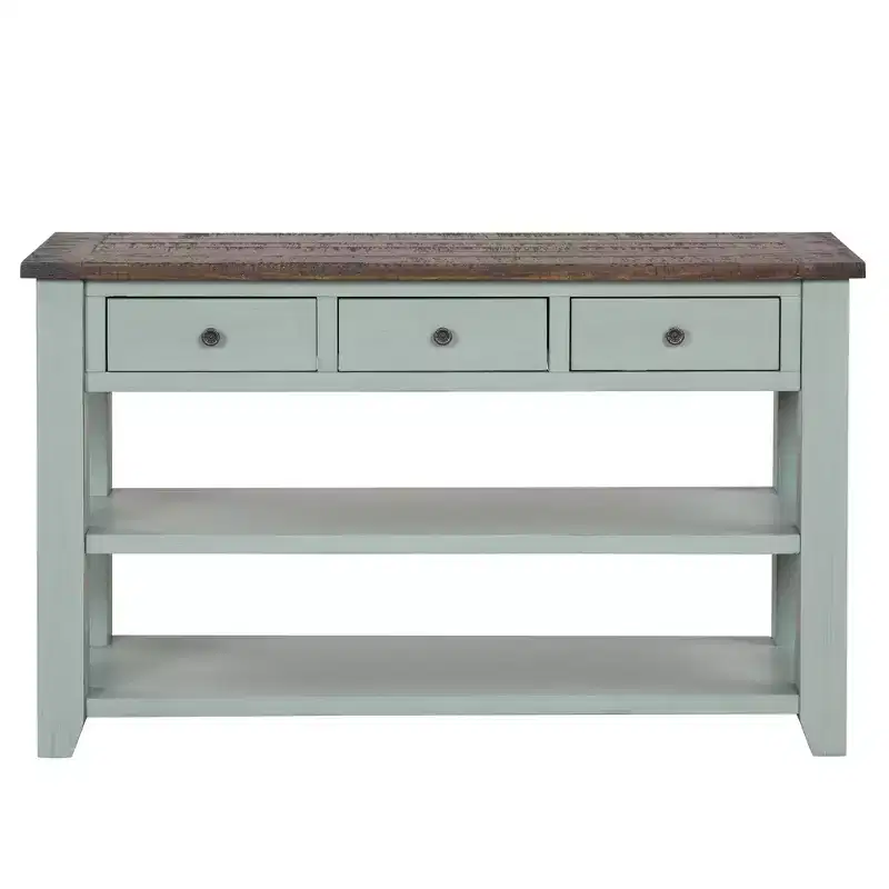 Hostack 48'' Solid Wood Top Console Table with 3 Storage Drawers and 2 Shelves, Retro Blue and Brown Top