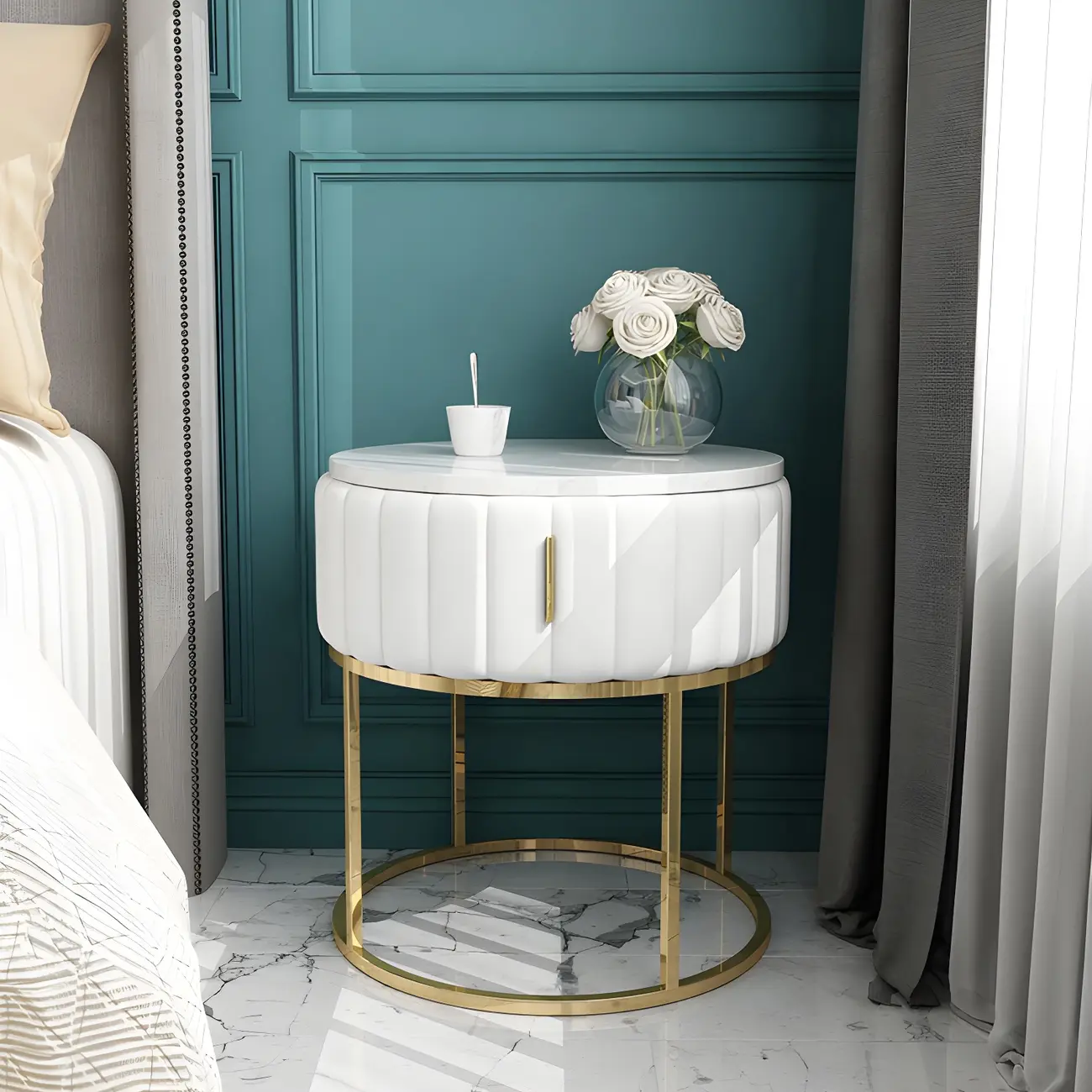 Glam Genuine Marble Nightstand with Drawers & Metal Base