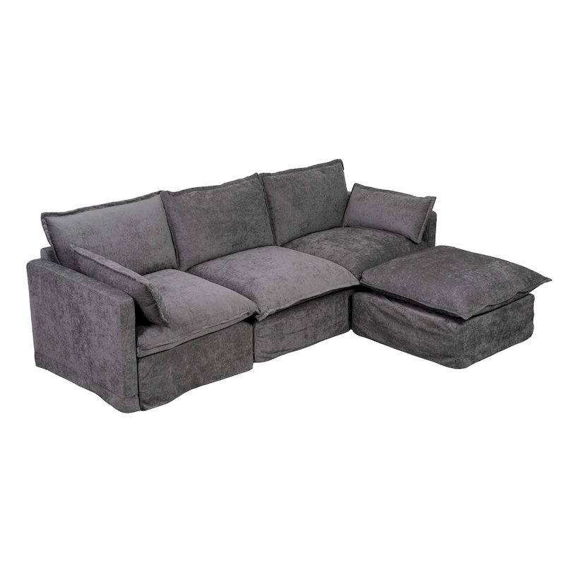 93.31 Faux Linen Modular Sectional Sofa with Ottoman, Wood Frame