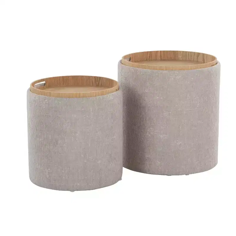 LumiSource Tray Nesting Ottoman Set Light Brown Fabric/Natural Wood