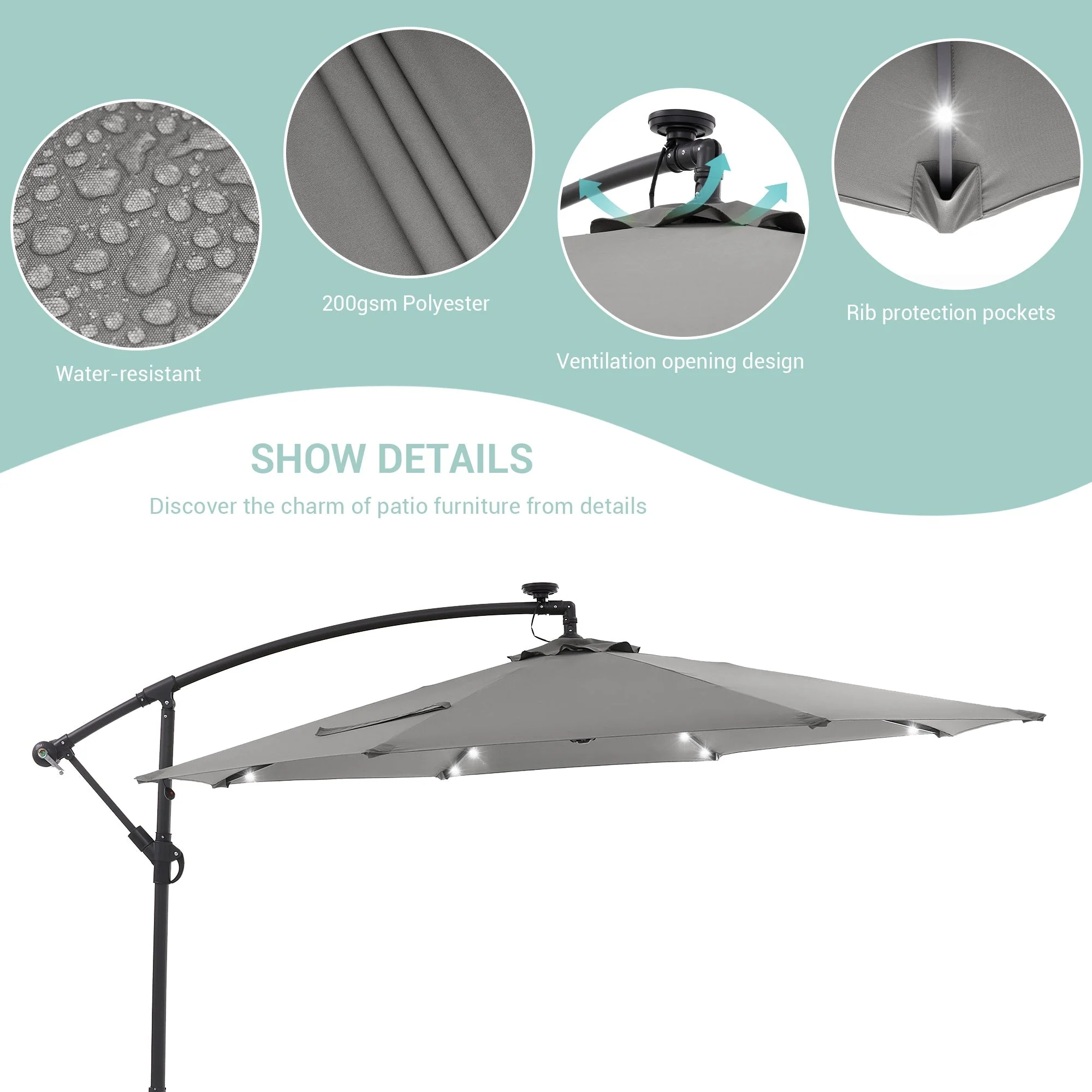 LIVOOSUN 10ft LED Patio Offset Umbrella With Cross Base