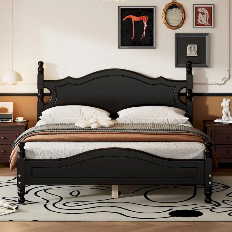 Queen Size Wood Platform Bed - Retro Style