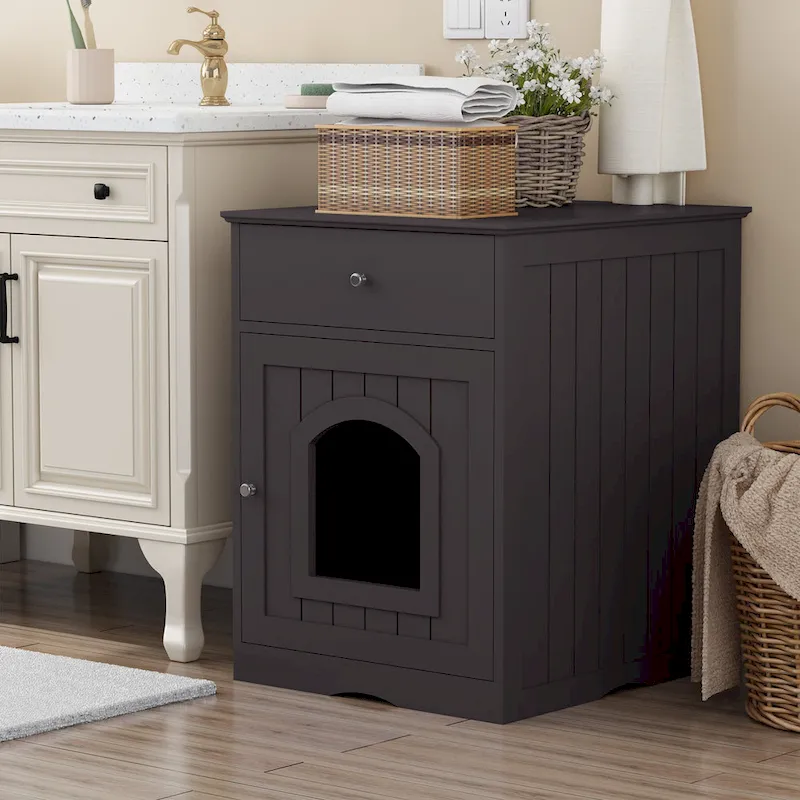 Wooden Pet House Cat Litter Box Enclosure with Drawer, Side Table, Indoor Pet Crate, Cat Home (Brown)