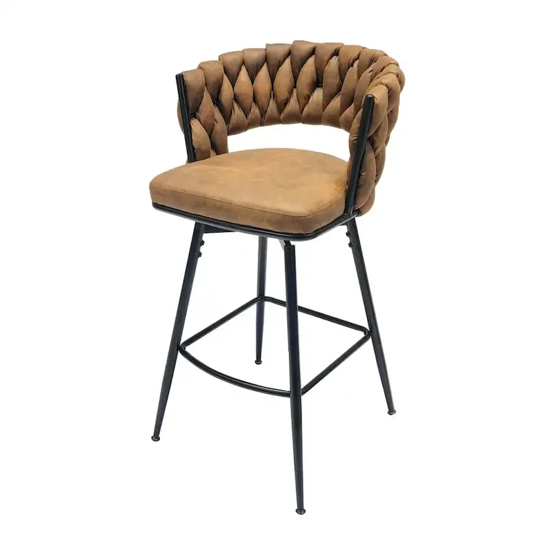 2 Woven Bar Stool,Black Legs No Adjustable Chairs,360 Swivel Upholstered Bar Chair Counter Stool Arm Chairs With Back Footrest