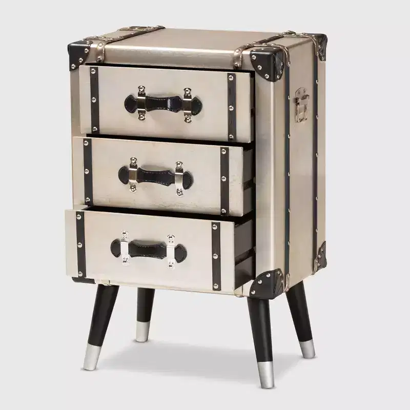 Dilan Metal 3 Drawer Nightstand Light Cream/Black - Baxton Studio: Vintage Style Bedside Storage