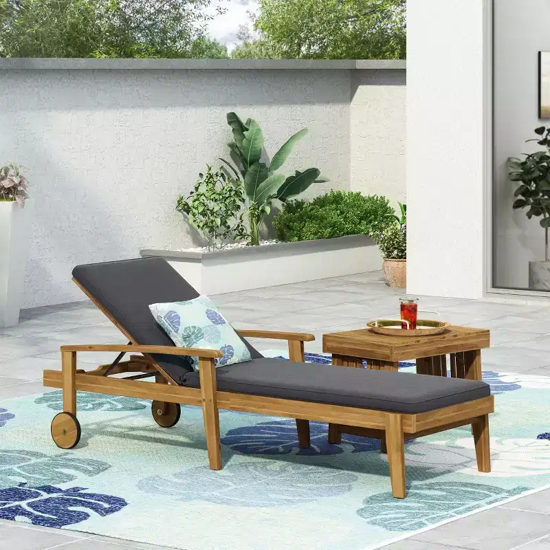 Acacia Wood Chaise Lounge with Cushion, 5-Position Reclining Patio Lounger