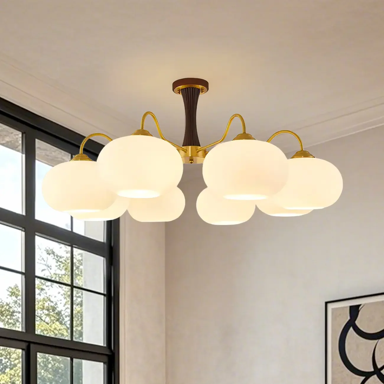 Classic Large Glass Drum Walnut Wood Semi Flush Ceiling Light