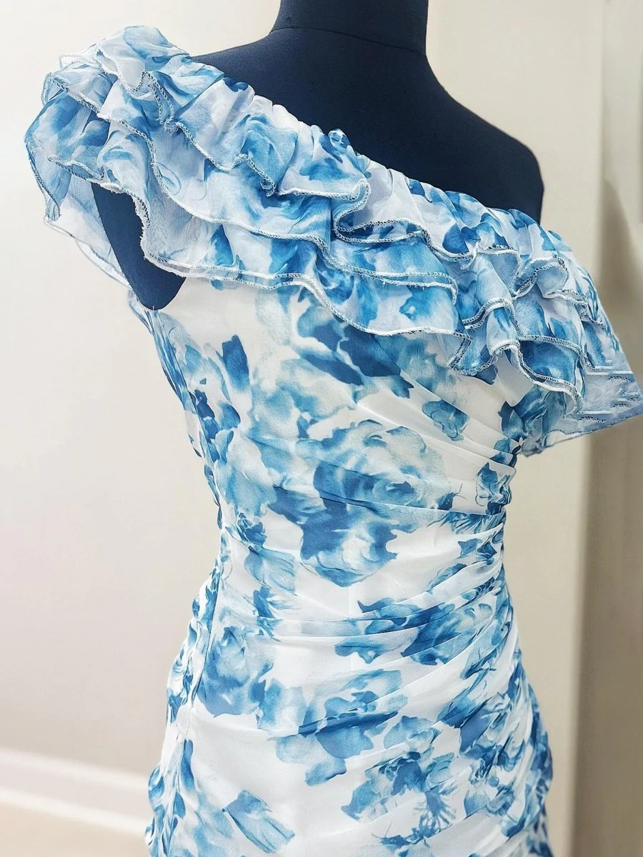 Blue - A-Line One Shoulder Floral Chiffon Short Homecoming Dresses