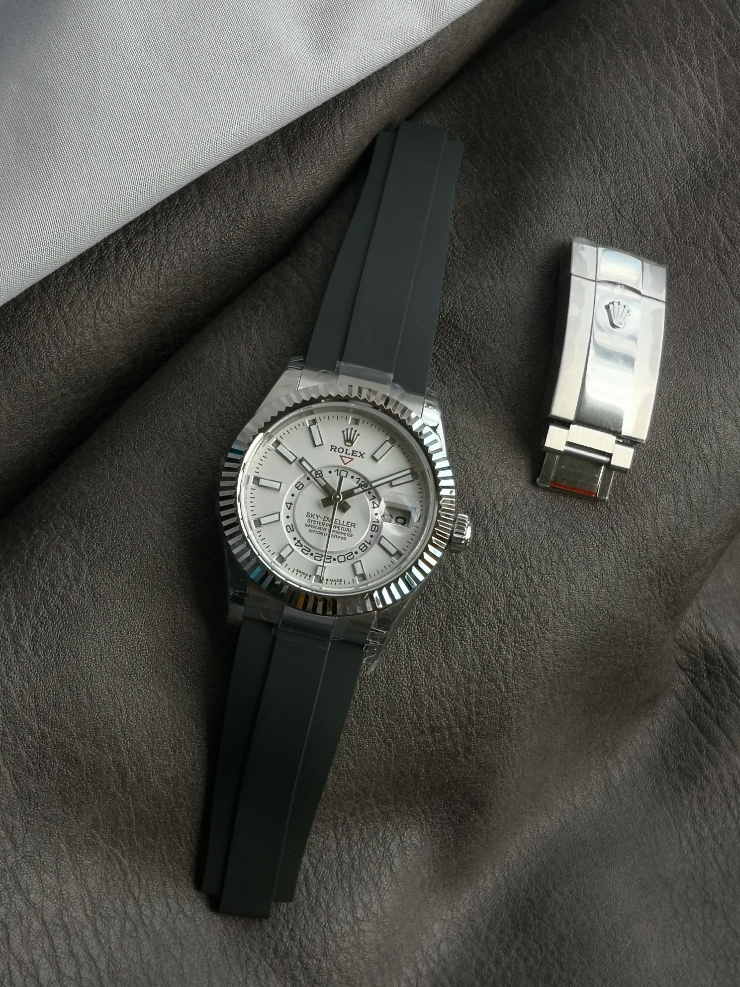 Replica Rolex Sky-Dweller with Oysterflex strap and clasp on leather