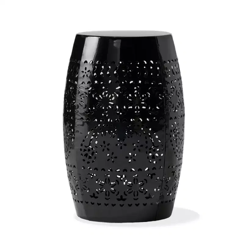 NAYSAYE Lace Cut Metal Side Table Barrel Shape Accent End Table for Patio Garden Living Room Backyard, Black, 12.25*12.25*18