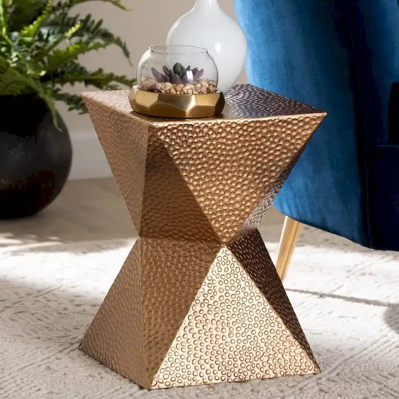 Textured Metal Accent Table - Geometric Gold Side Table with Hourglass Silhouette for Indoor or Semi-Outdoor Use