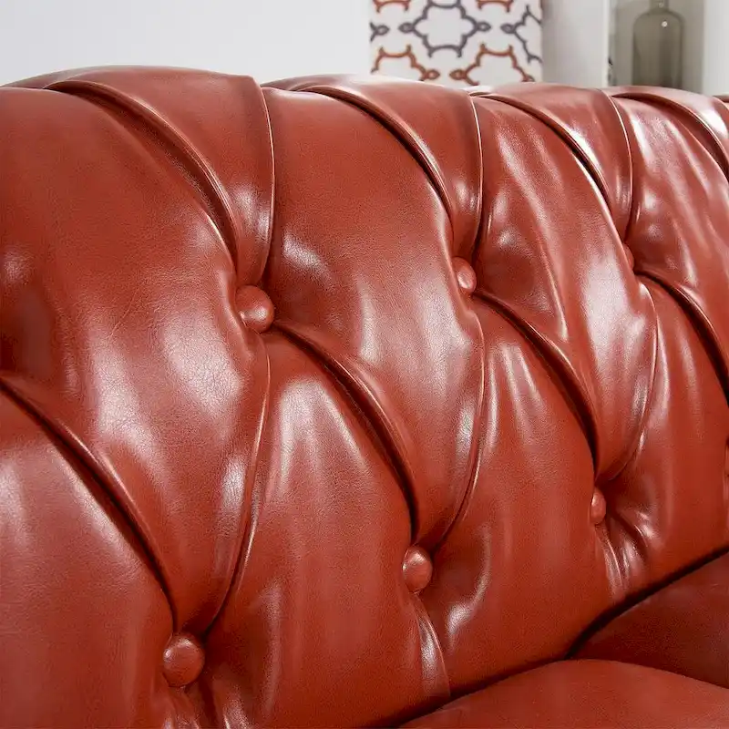 Tufted Sofa - Faux Leather, Rolled Arms Design, Seats 3