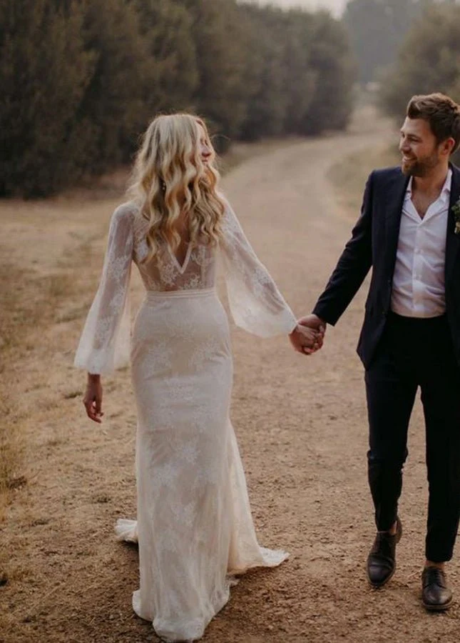 Long Lartern Sleeve Mermaid V-Neck Backless Lace Bohemian Wedding Dresses