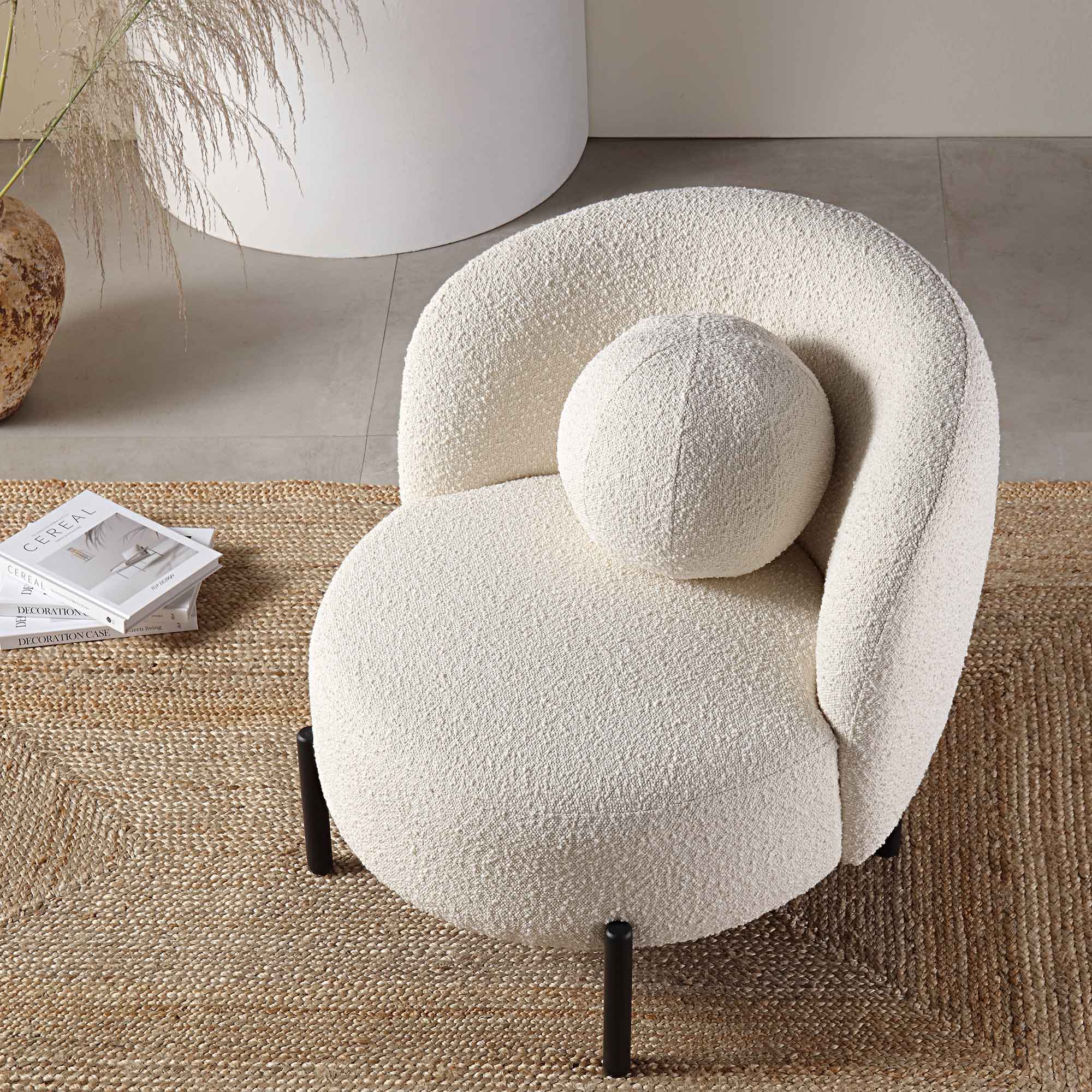 Armchair with Ball Cushion, Ecru Boucle