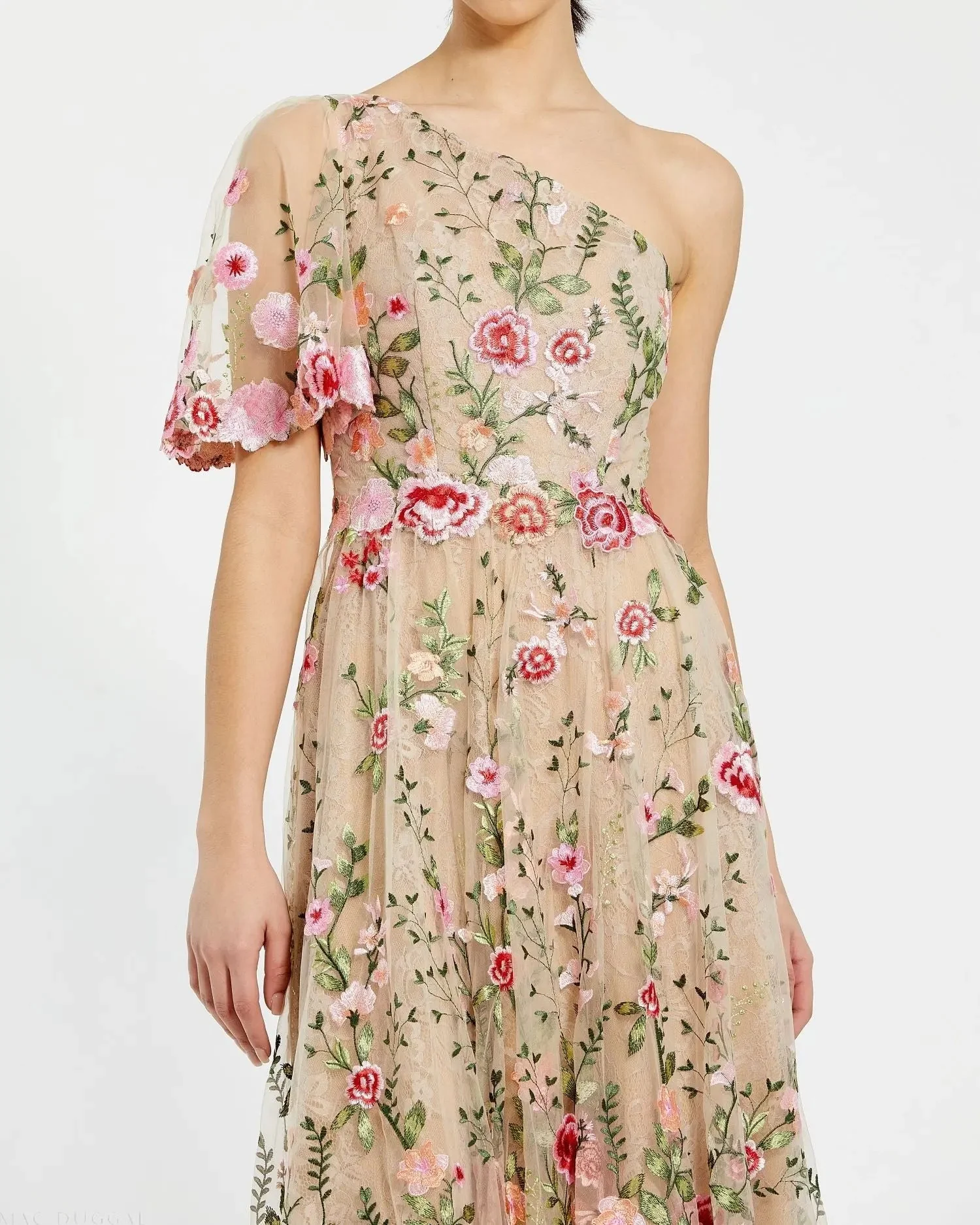 Pink One Shoulder Lace Embroidered Dress