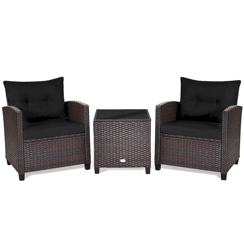 3 Pieces Rattan Patio Furniture Set with Washable Cushion - Chair: 26.5 x 26.5 x 30