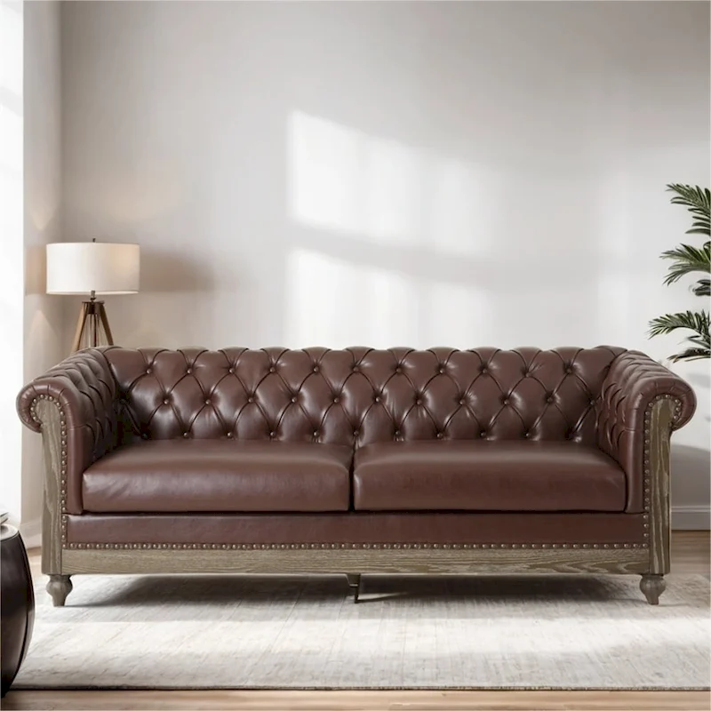 Retro 3 Seat PU Sofa with Wooden Frame and Legs