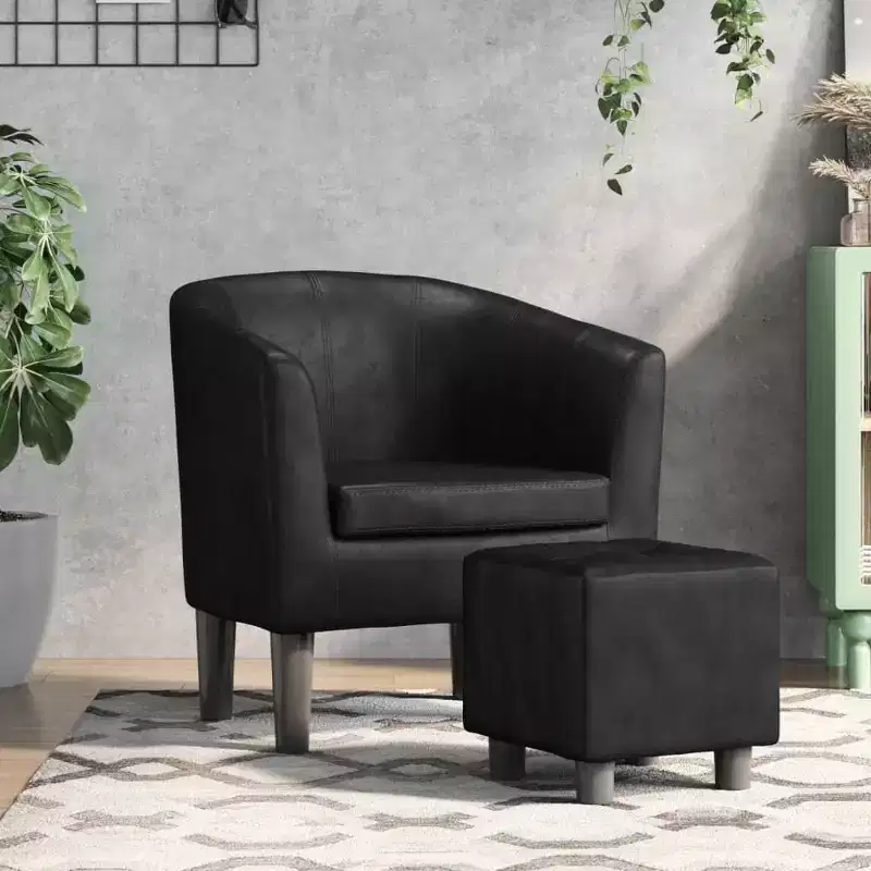 vidaXL Modern Tub Chair with Footstool - Faux Leather Seating for Living Room, Bedroom, Guest Room, or Office - Black