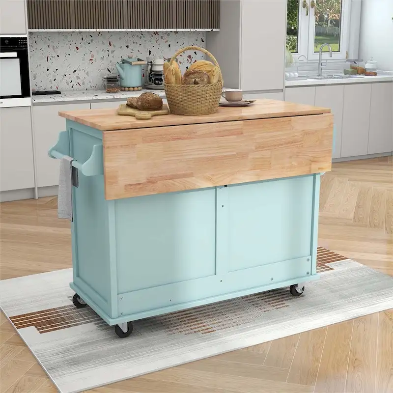 Kitchen Cart with Rubber wood Drop-Leaf Countertop