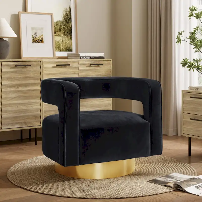 Black Velvet Open-Back Club Chair with Gold Base, 1-Seater