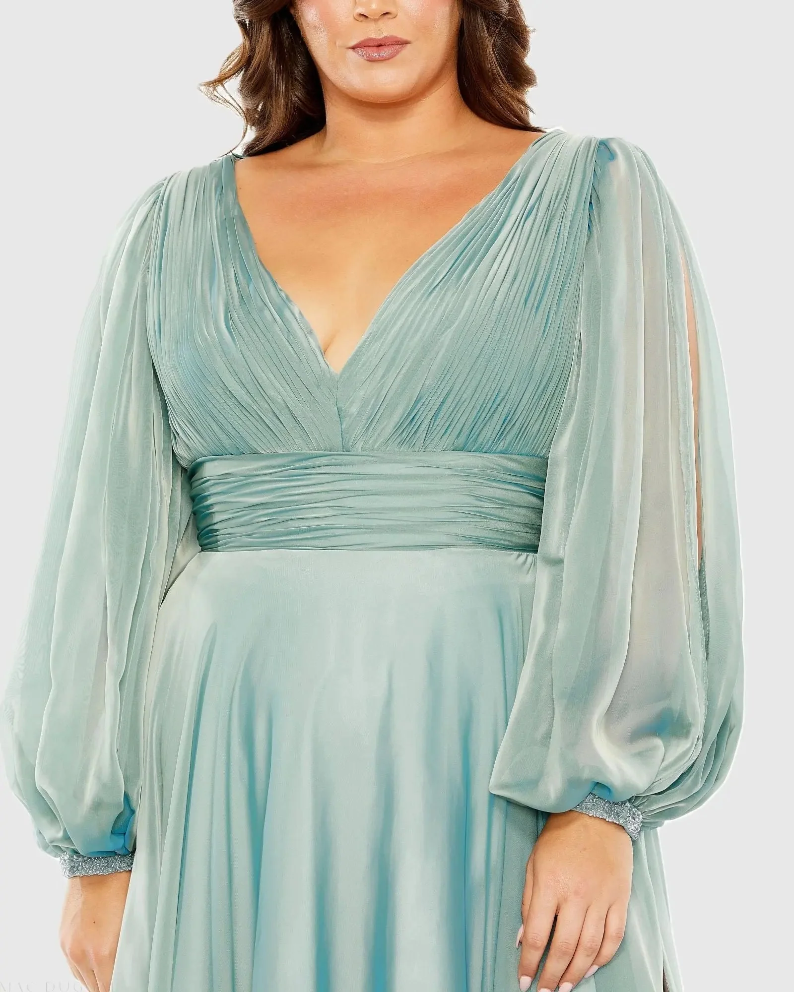 Blue Puff Sleeve w/ Embellished Cuff V Neck A Line Gown (Plus)