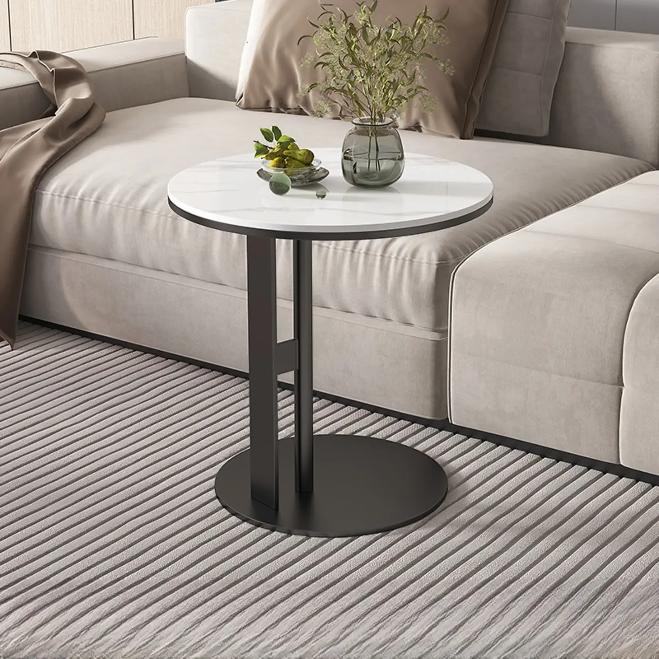 Modern C Shaped Round Sintered Stone Top Steel End Table