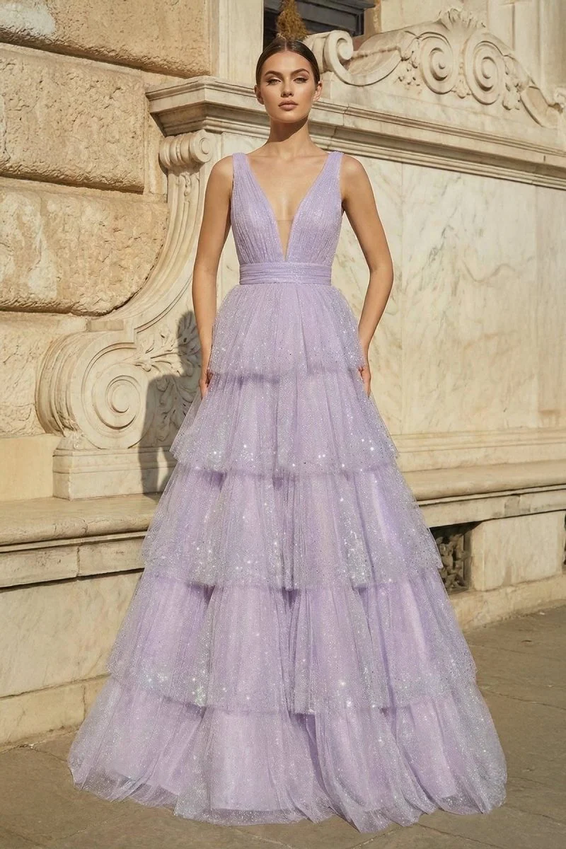 Lavender Tulle Sequin V-Neck Ruffle Tiered Long Prom Dress