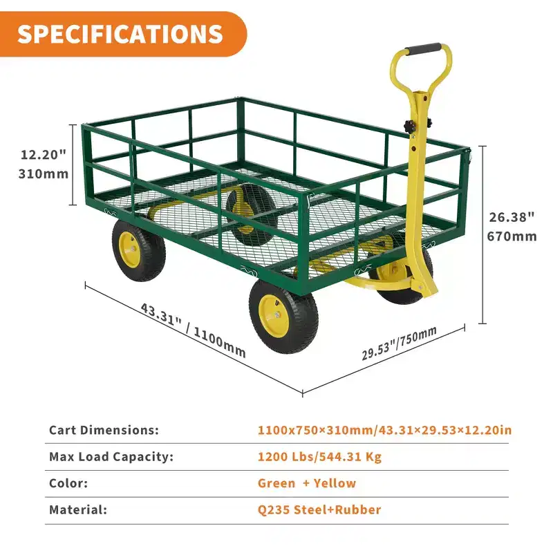 Heavy-duty steel cart with versatile 180 swivel handle, removable sides, and 10-inch wheels for use in the kitchen or garden