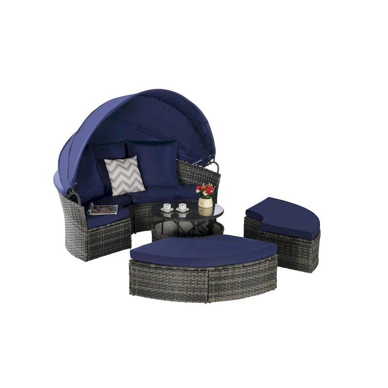 5-Piece Round Daybed Sunbed with Canopy & Removable Cushions