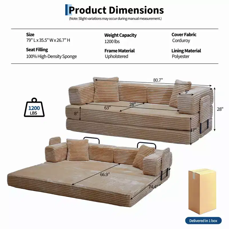 80.7'' Sofa Bed,5-in-1 Convertible Sofa Bed ,Folding Corduroy Fabric Couch Bed for Living Room, Bedroom, Apartment & Dorm