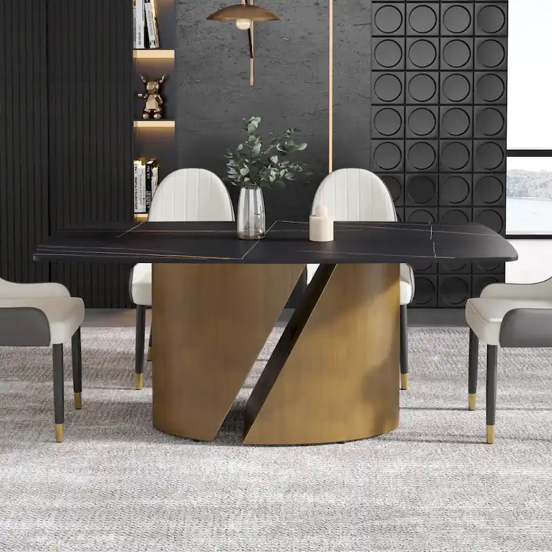 71 & 63 Modern Kitchen Table Marble Sintered Stone Table Top with Metal Gold Finish Legs