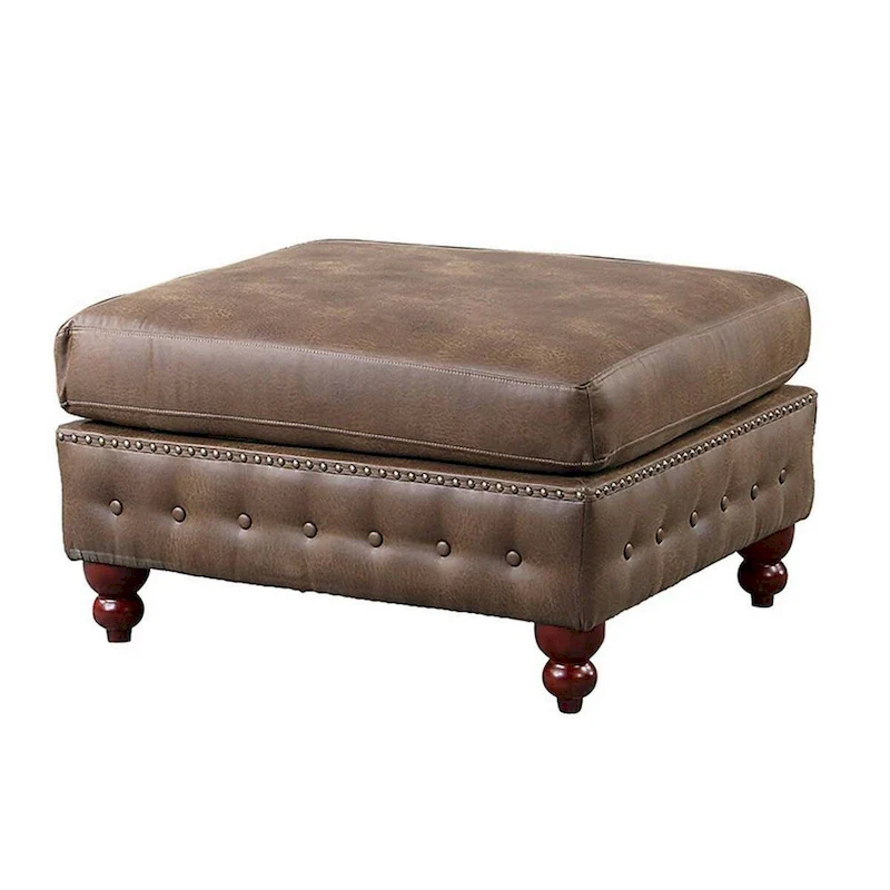 Brown Square Ottoman, Faux Leather, Button Tufted, Single Seat