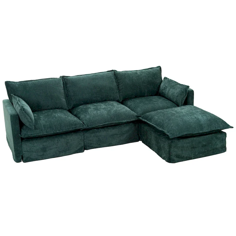 93.31  Faux Linen Modular Sectional Sofa with Movable Ottoman, Solid Wood Frame, and High-Resilience Foam Cushions