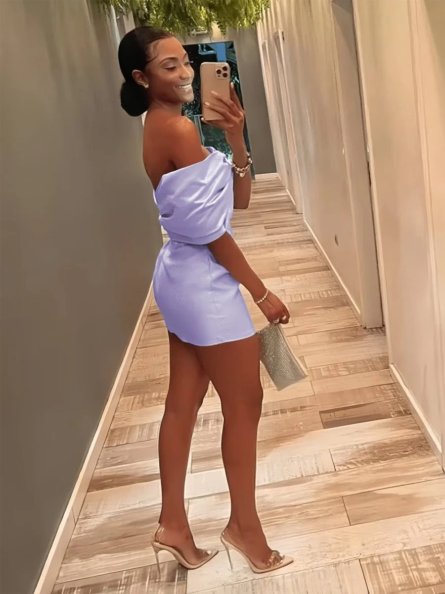 Lavender - Off The Shoulder Satin Bodycon Short Homecoming Dress With Beading