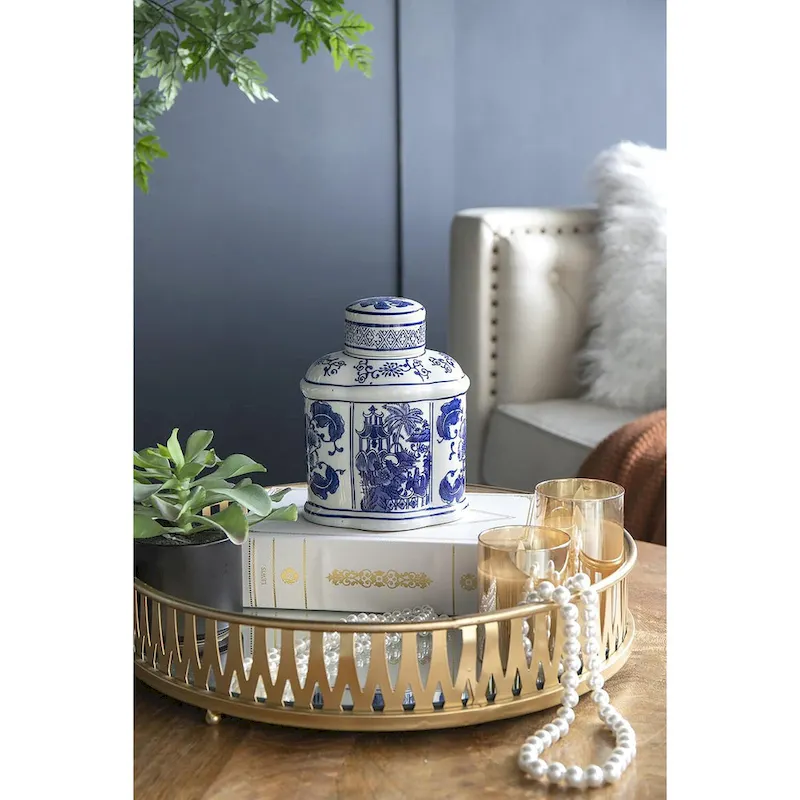 A&B Home Ren Blue and White Oval Jar with Lid