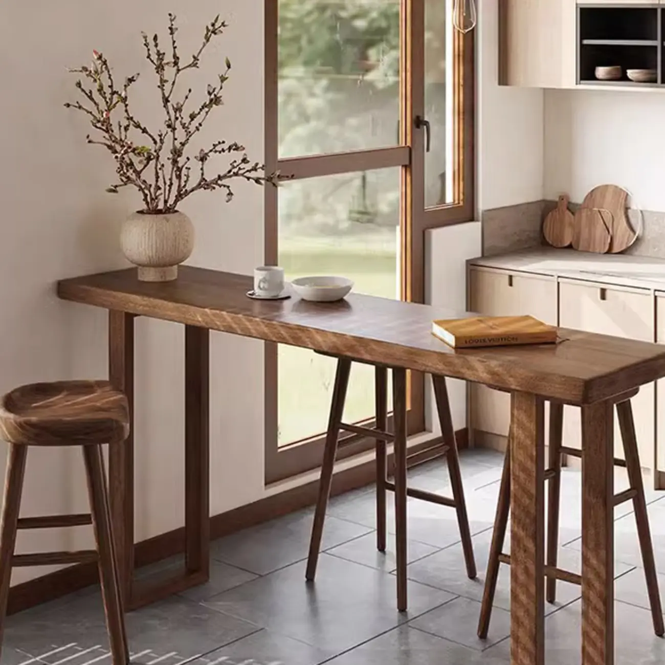 Wooden Backless Bar Set with Footrests & Sled Base