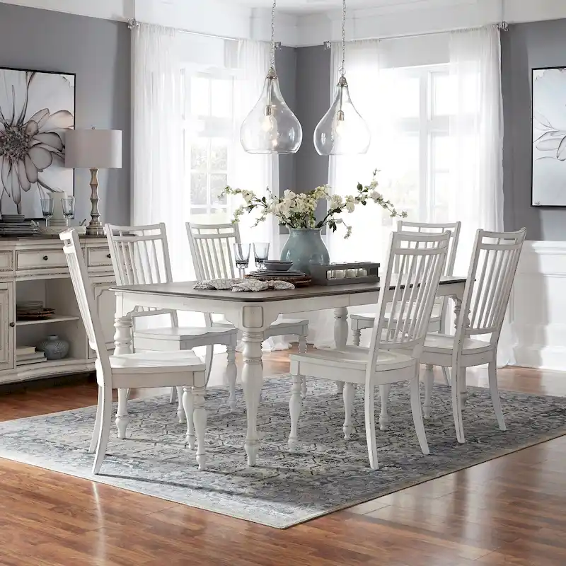 Antique White 7-Piece Dining Set with Leg Table and 6 Chairs