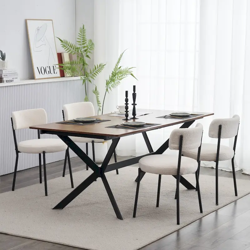 White/Black Teddy Fabric Dining Chair, Set of 4, Metal Legs