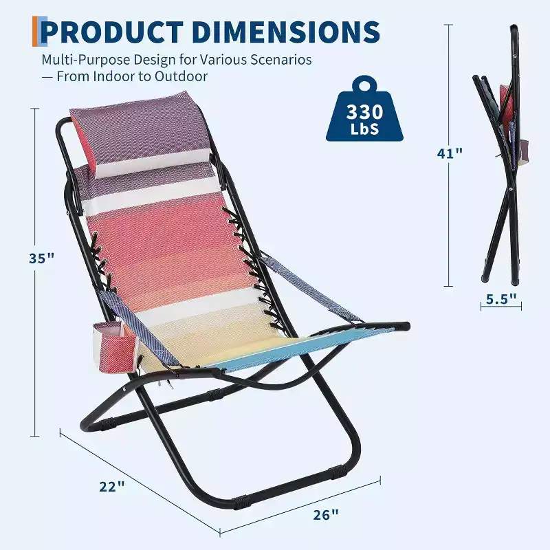 Folding Tanning Chair Lounger with Head Support,Portable Outdoor Lounge Chaise,Stable Portable Compact Beach Chair,Foldable Reclining Sun Bathing Bed
