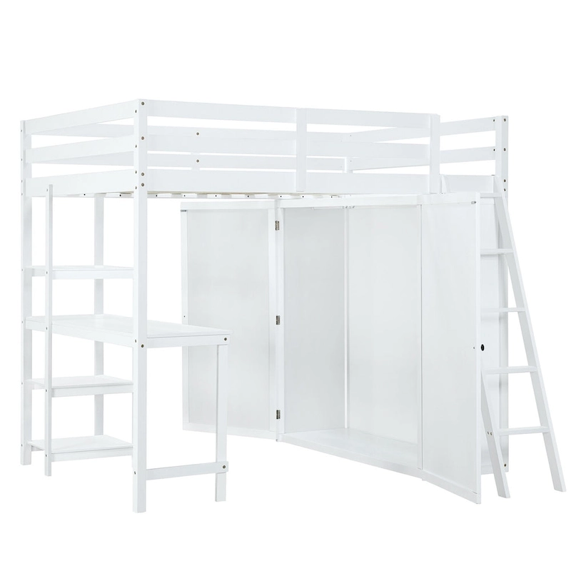 Merax Loft Bed with Wardrobe and Desk and Shelves